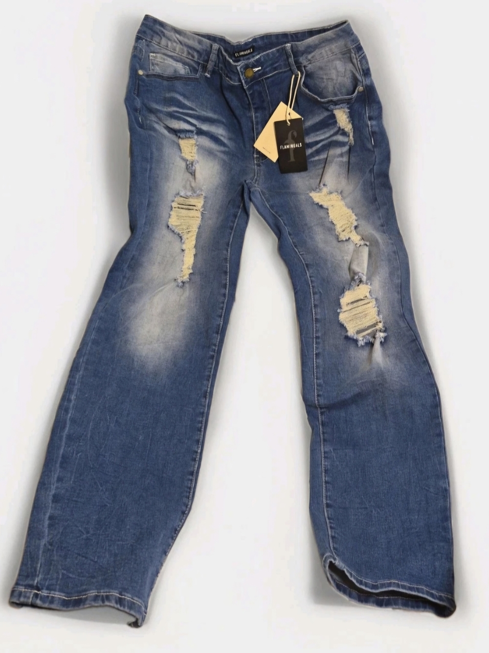 Flamingals Distressed Bootcut Jeans XL Blue Shredded Denim NWT Y2K Grunge Denim